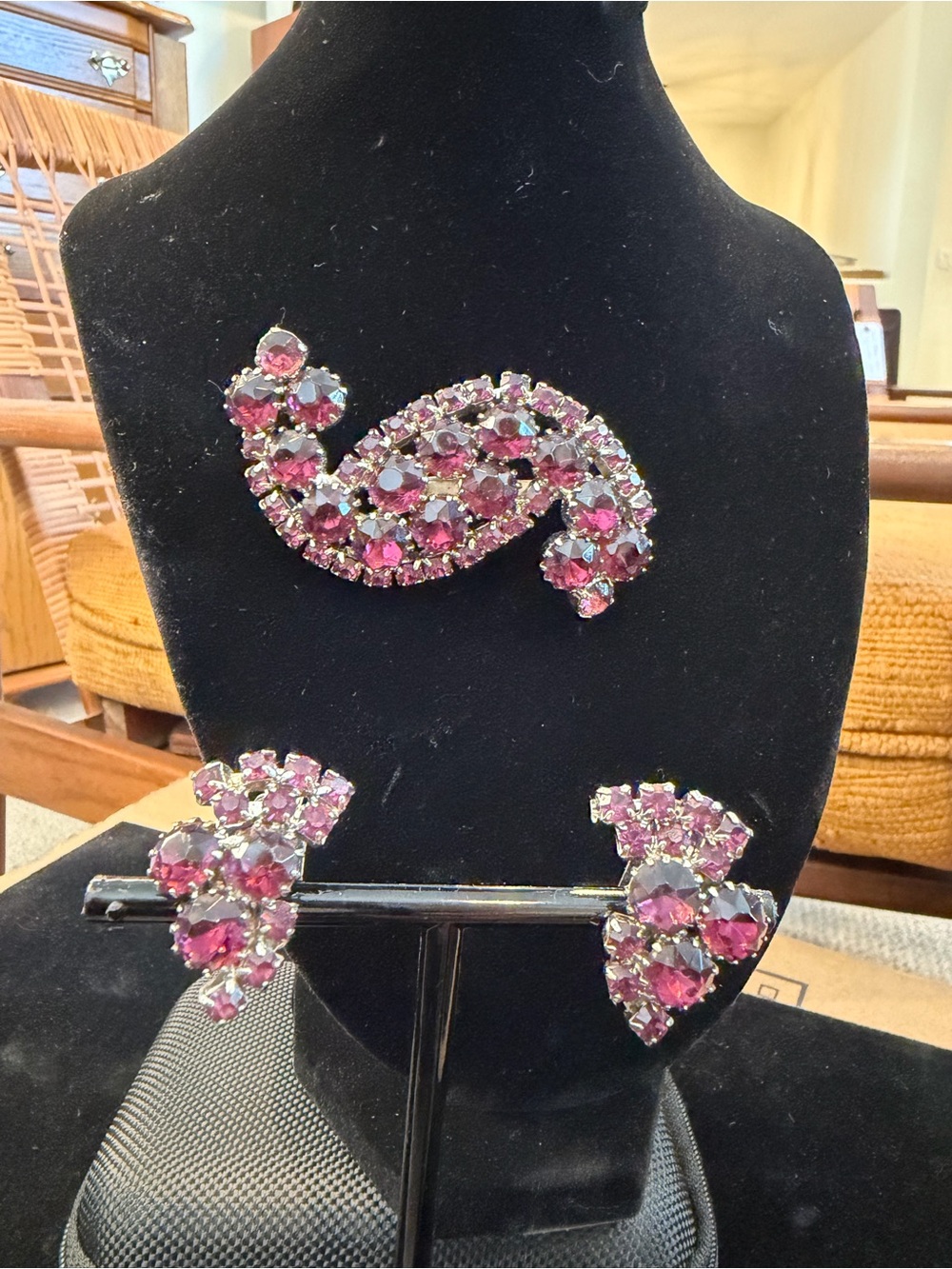 Vintage MCM Purple Crystal Brooch and Earring Set